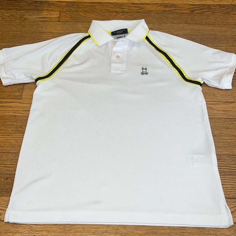 Psycho bunny polo shirt, size 3, white with yellow and black stripe